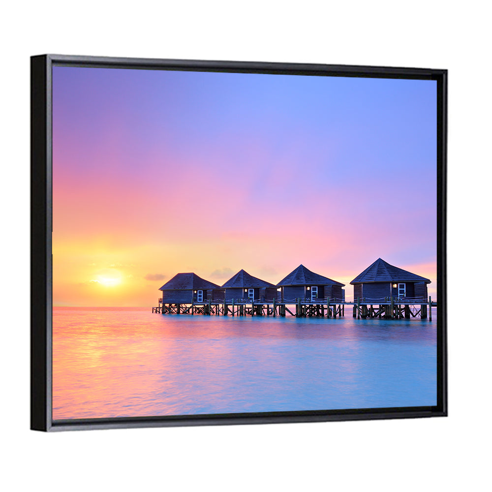 Maldives Sunset Over Water Bungalows Wall Art