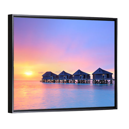 Maldives Sunset Over Water Bungalows Wall Art