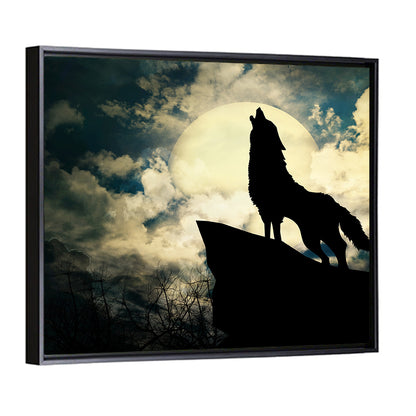Howling Wolf Silhouette Against Full Moon Wall Art