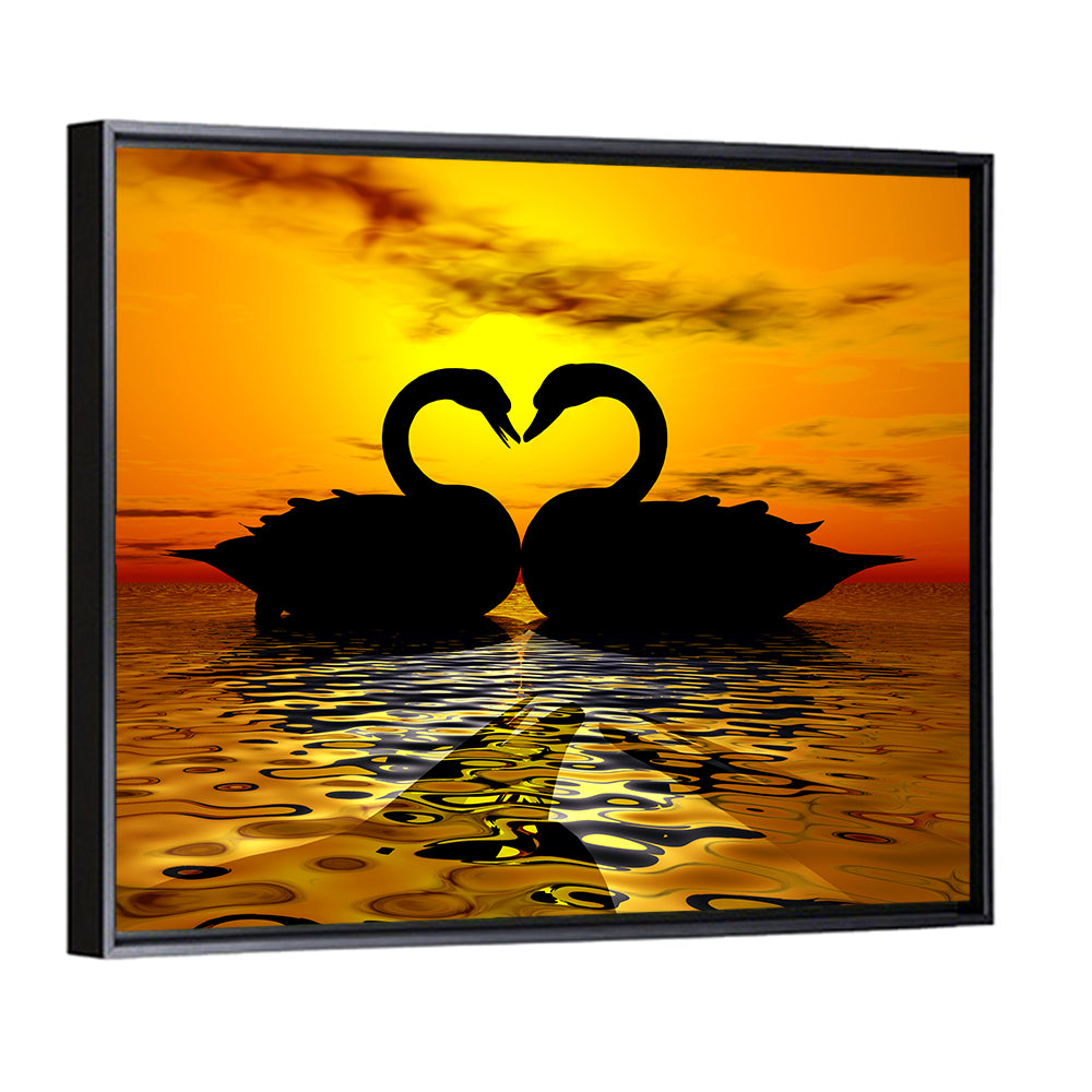 Swans Forming Heart at Sunset Wall Art