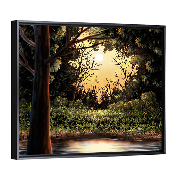 Golden Hour Lake in the Woods Wall Art as a framed canvas