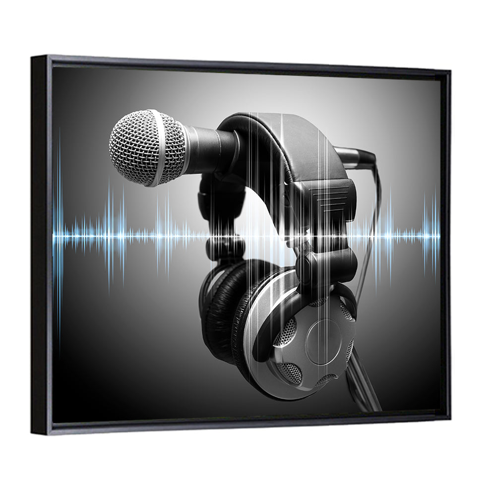 Headphones on Microphone with Sound Waves Wall Art