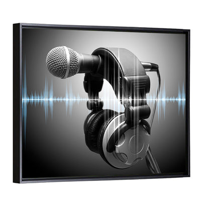 Headphones on Microphone with Sound Waves Wall Art