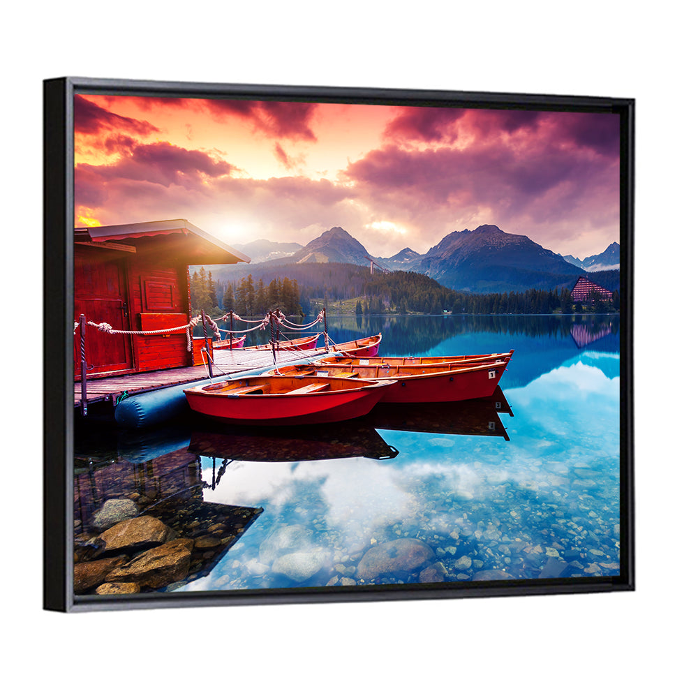High Tatras Sunset Lake with Red Boats Wall Art