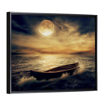 Moonlit Boat in Stormy Ocean Wall Art