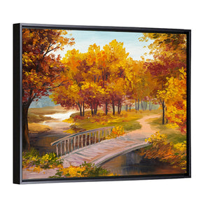 Autumn Forest With River & Bridge Wall Art