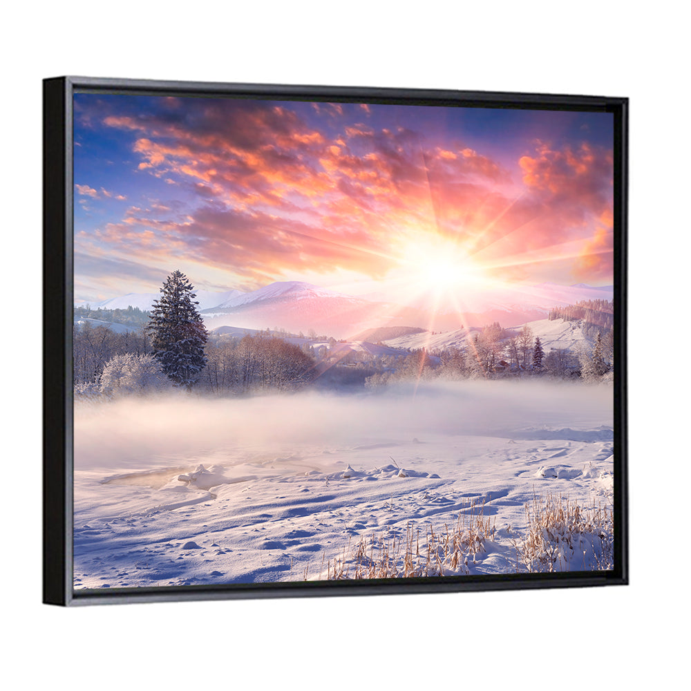 Sunrise Over Snowy Mountain Village Wall Art