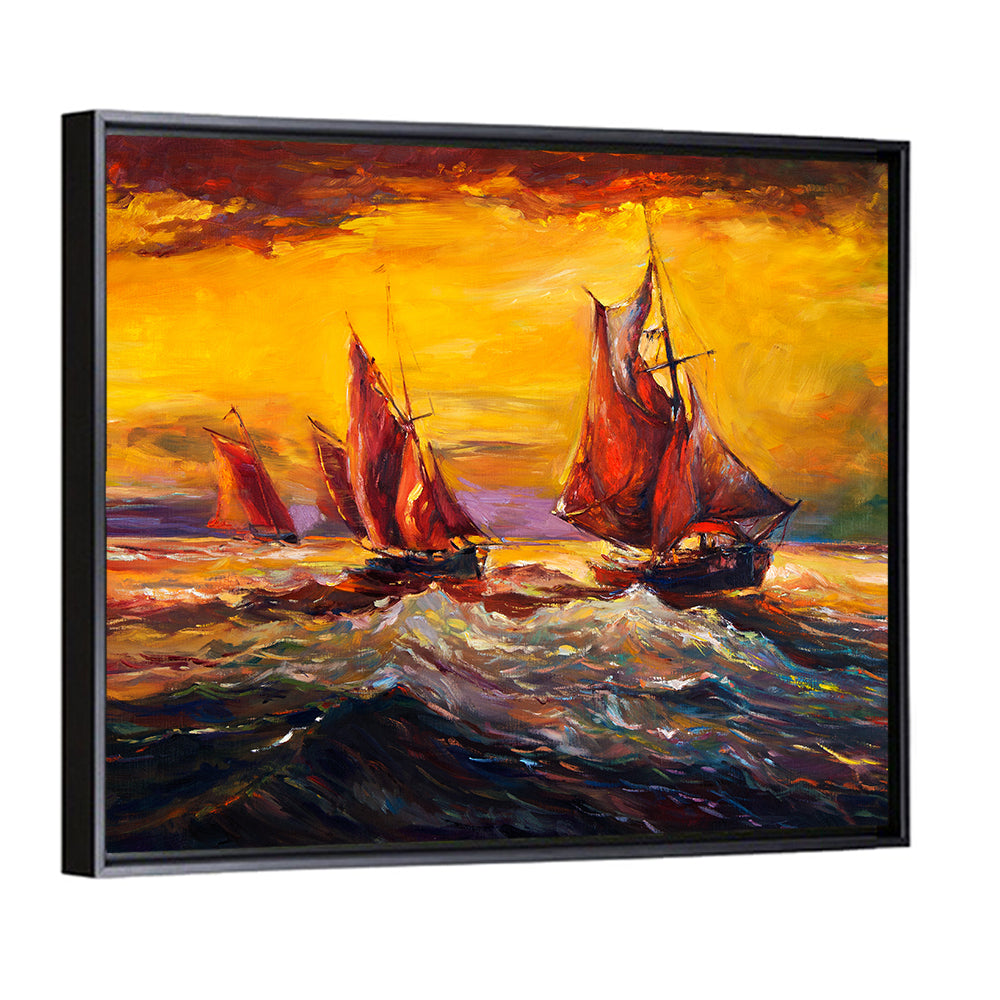 Three Sailboats at Sunset Wall Art