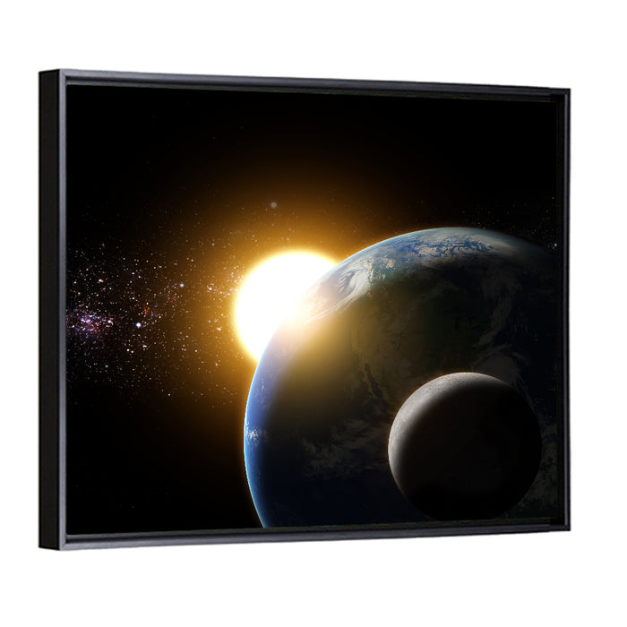 Sunflare Over Earth and Moon Wall Art as a framed canvas