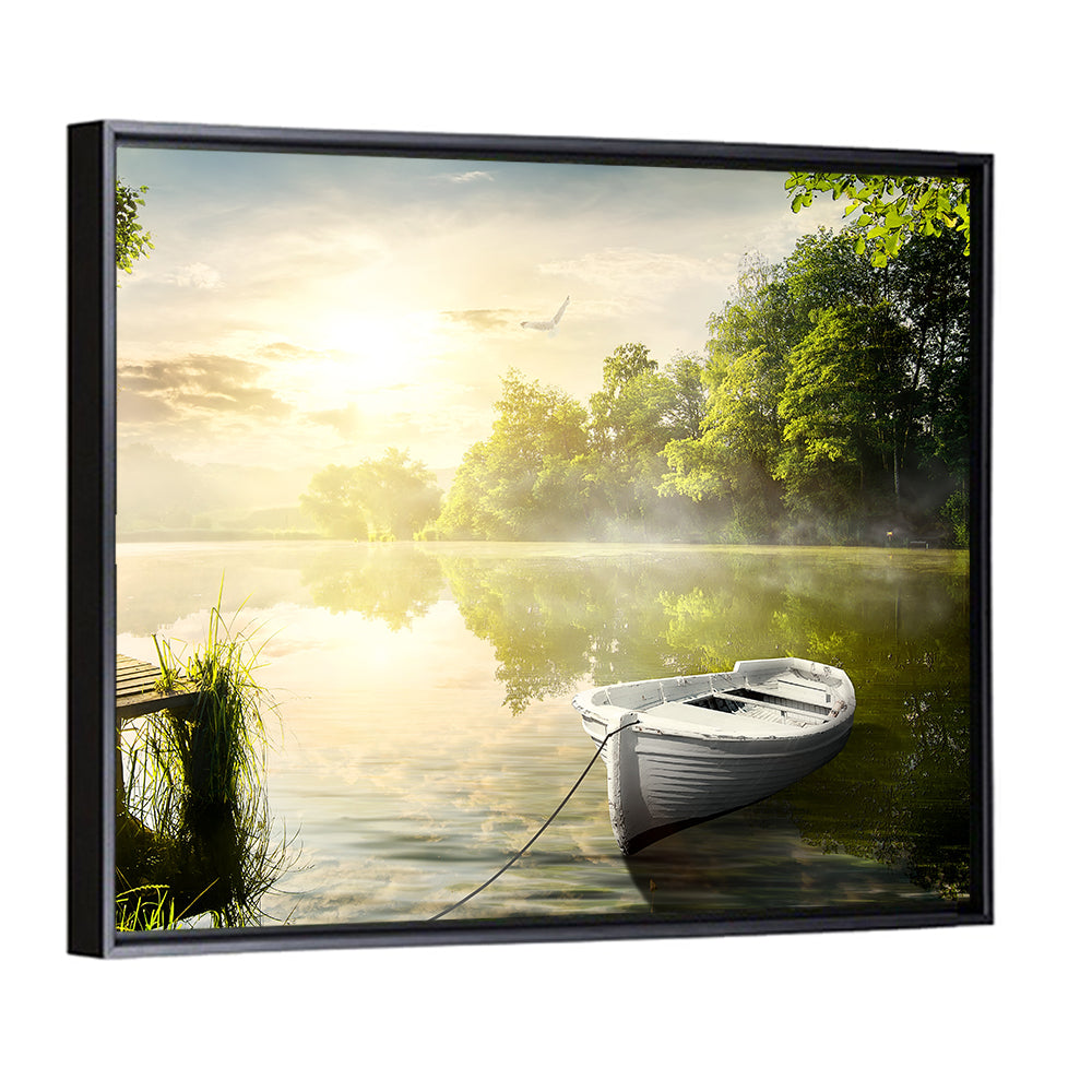 Rowboat at Misty Dock Wall Art