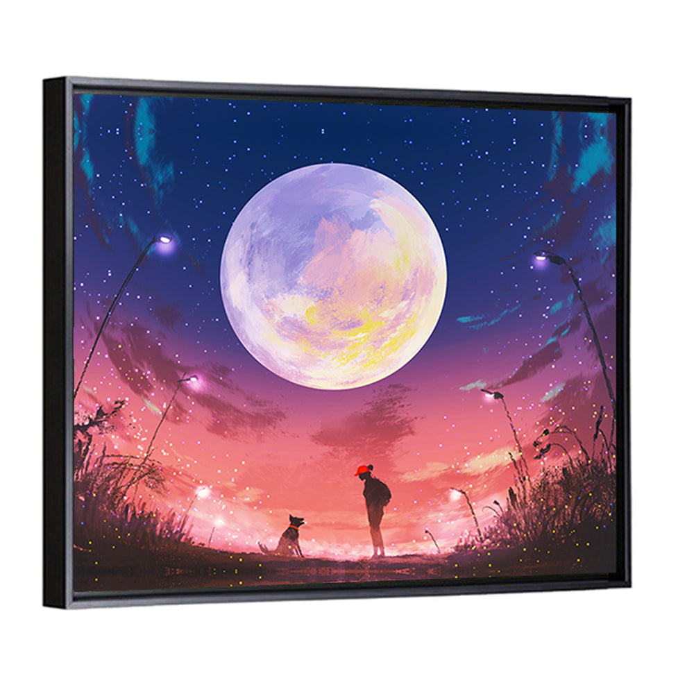 Woman and Dog Beneath Oversized Moon Wall Art