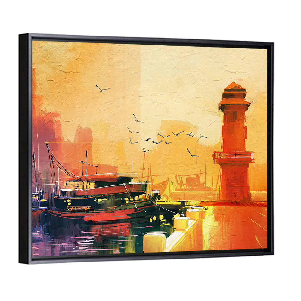 Golden Harbor Lighthouse and Fishing Boat Wall Art
