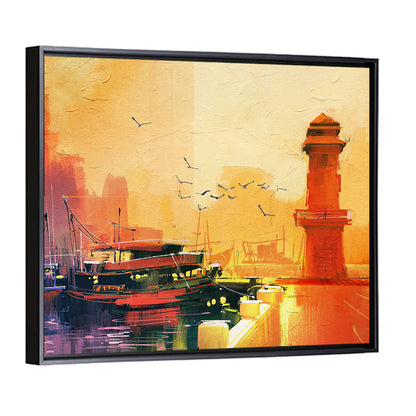 Golden Harbor Lighthouse and Fishing Boat Wall Art