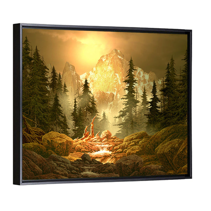 Rockies Mountain Stream at Golden Hour Wall Art as a framed canvas