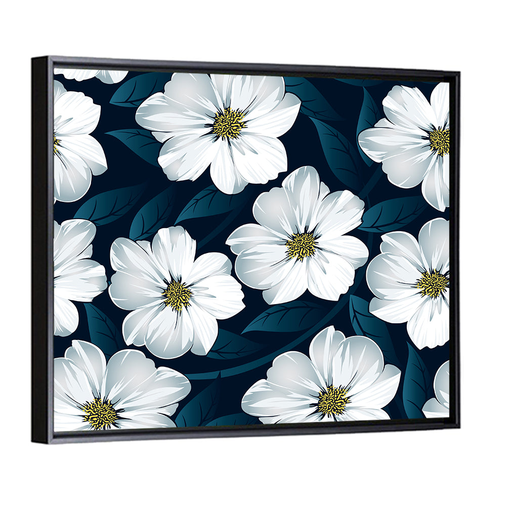 White Flowers on Navy Pattern Wall Art