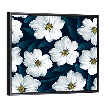 White Flowers on Navy Pattern Wall Art