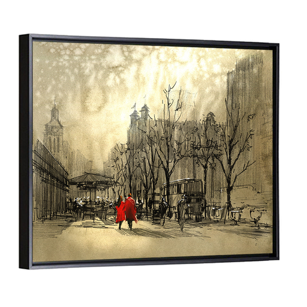 Couple in Red Coats on City Street Wall Art