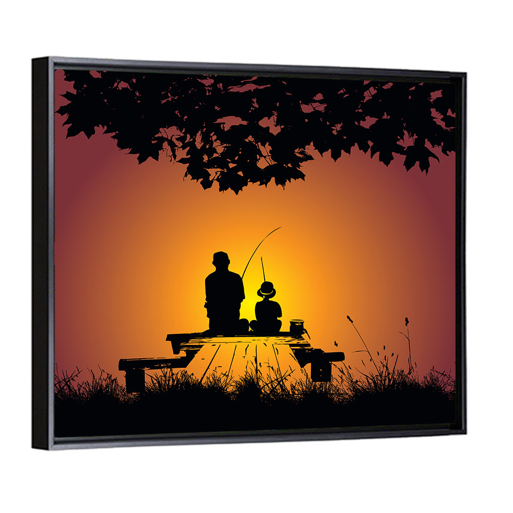 Dockside Sunset Fishing Silhouette Wall Art