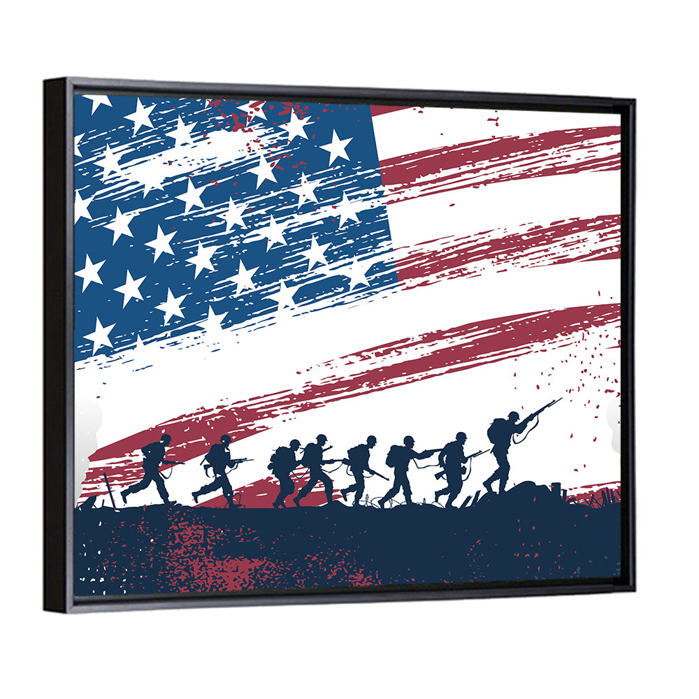 Silhouetted Soldiers with Distressed American Flag Wall Art