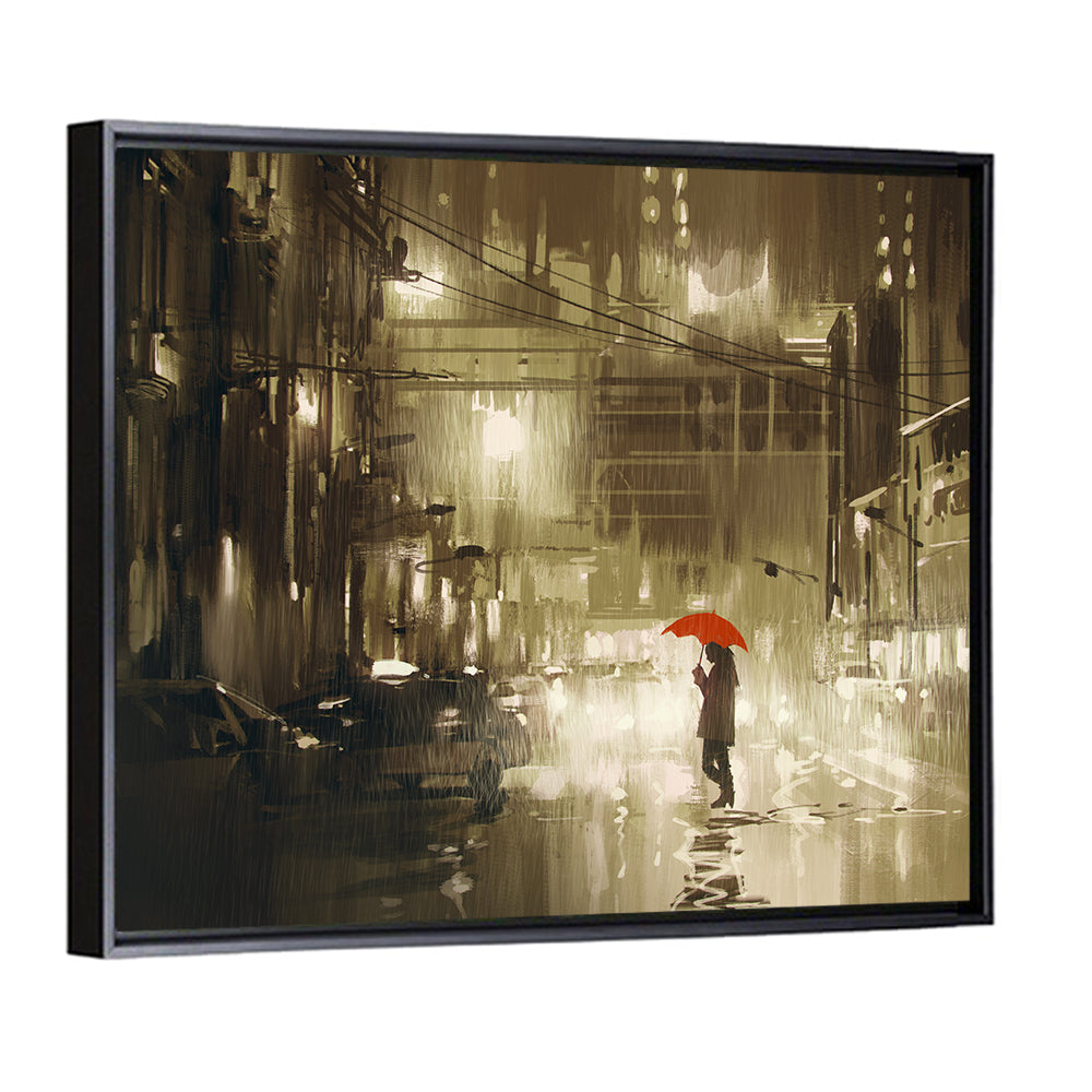Red Umbrella on Rainy City Street Wall Art