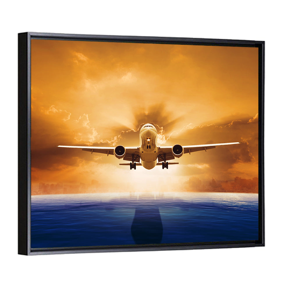 Landing Jet Over Ocean at Sunset Wall Art