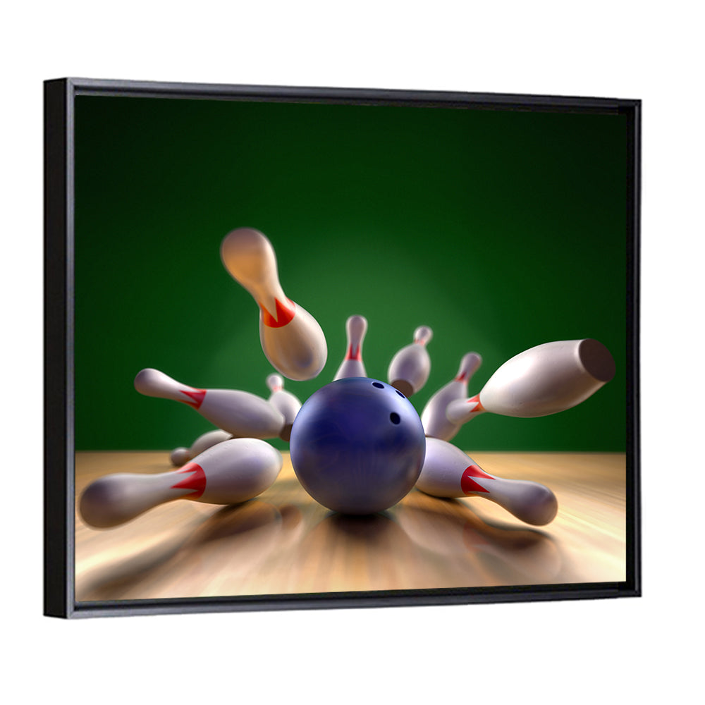 Blue Bowling Ball Hitting Pins Wall Art