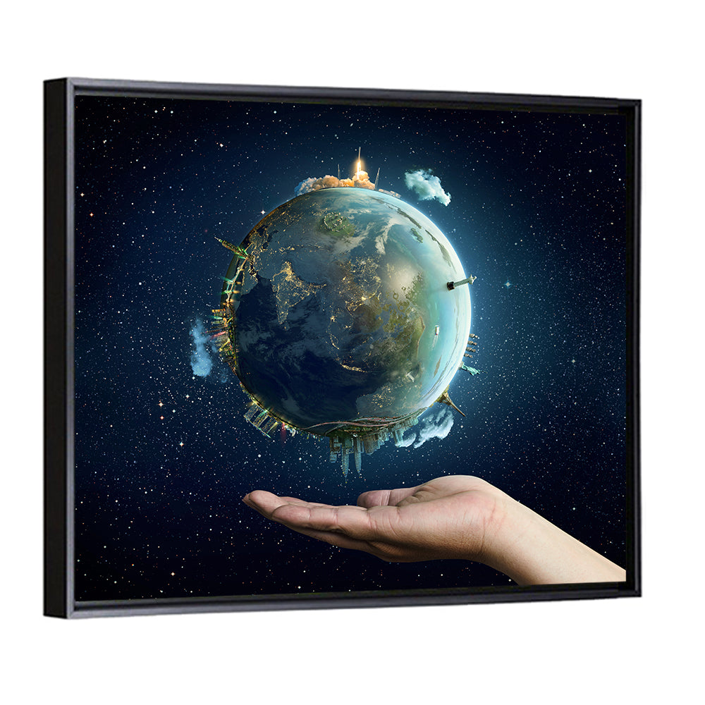 Earth Cradled in Palm with City Lights Wall Art