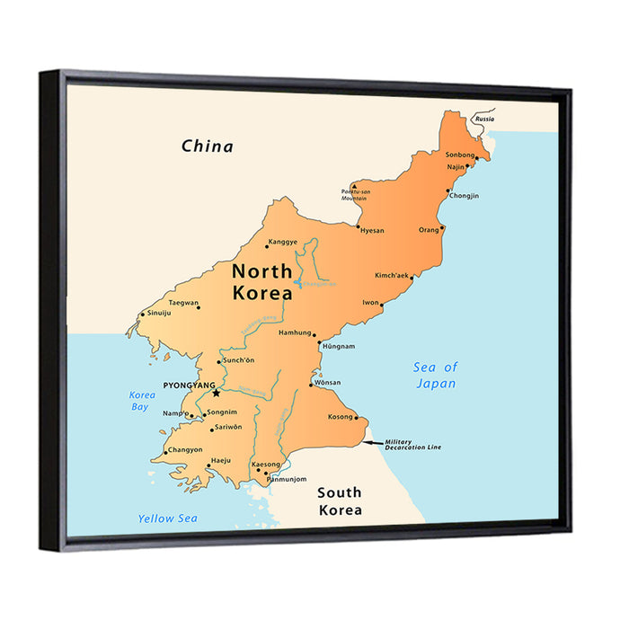 North Korea Political Map Wall Art as a framed canvas