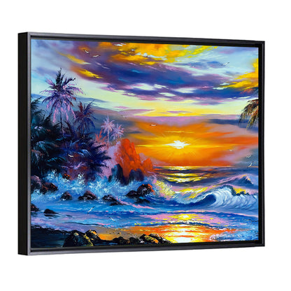 Evening Coastal Sunset with Palm Silhouettes Wall Art