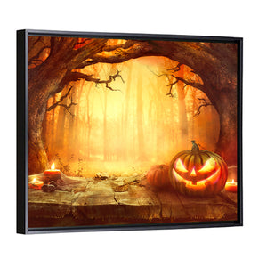 Halloween Pumpkin In Dark Forest Wall Art