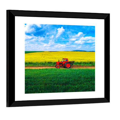 Red Tractor Over Yellow Rapeseed Field Wall Art