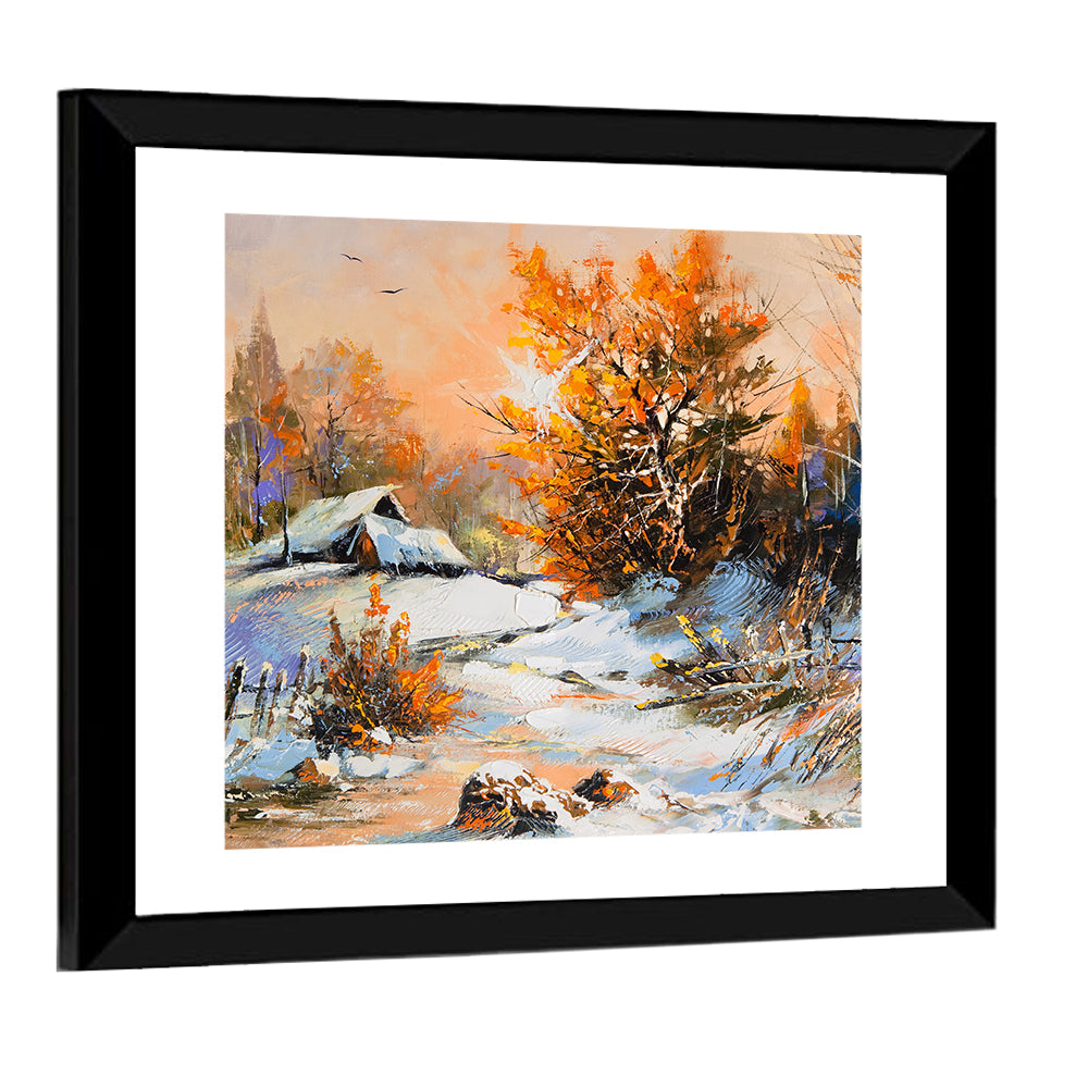 Snowy Cottage at Golden Hour Wall Art