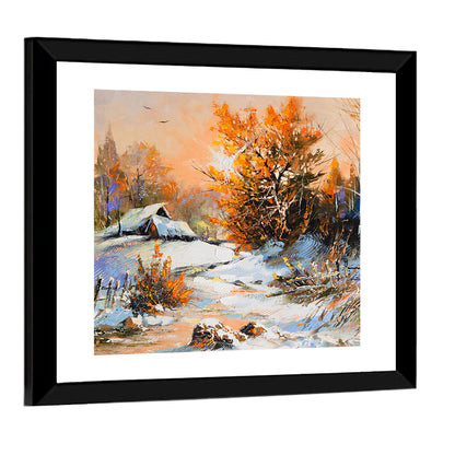 Snowy Cottage at Golden Hour Wall Art