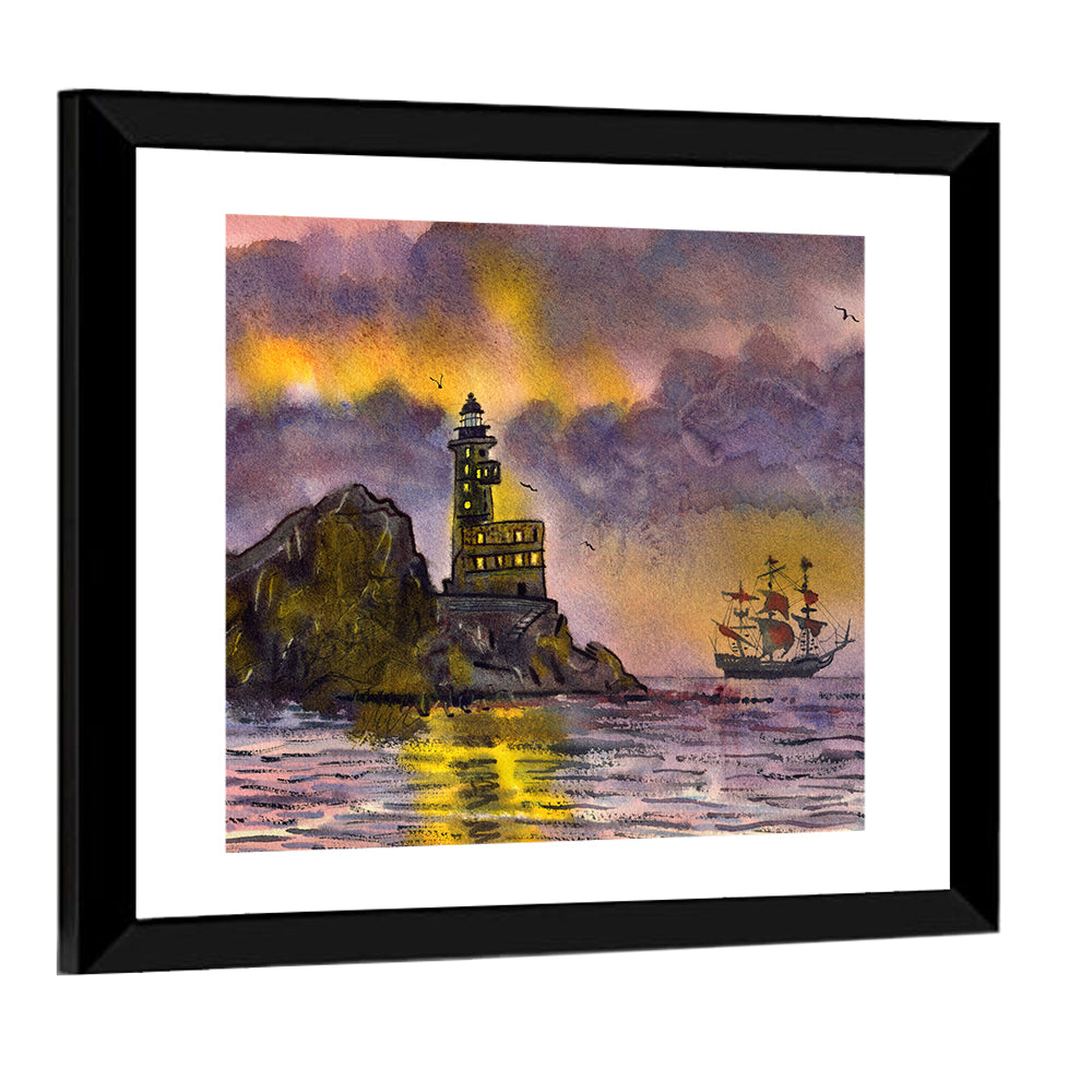 Lighthouse and Sailing Ship at Dusk Wall Art