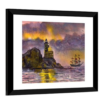 Lighthouse and Sailing Ship at Dusk Wall Art