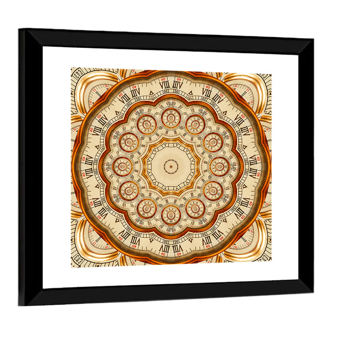 Antique Golden Clock Mandala Wall Art as a framed print