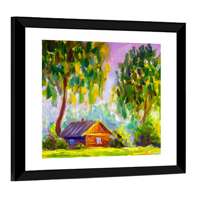 Impressionist Log Cabin in Green Forest Wall Art