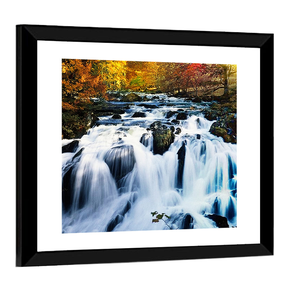 Mossy Autumn Forest Waterfall Wall Art