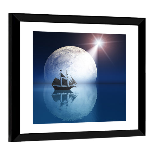 Moonlit Ship with Glowing Star Wall Art