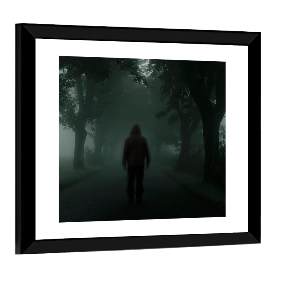 Hooded Silhouette on Foggy Forest Road Wall Art