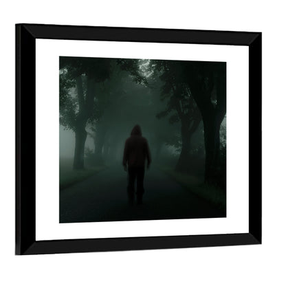 Hooded Silhouette on Foggy Forest Road Wall Art