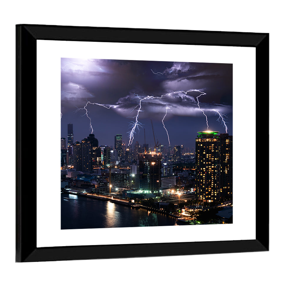 Night Lightning Over River Skyline Wall Art