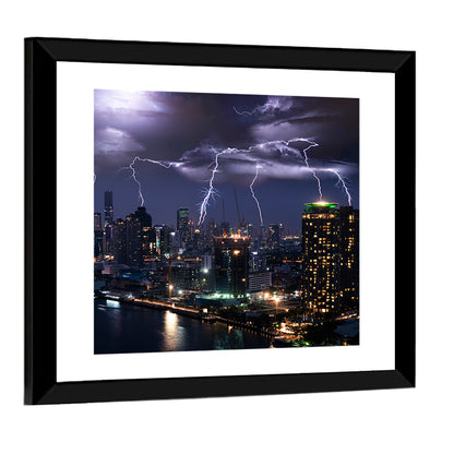 Night Lightning Over River Skyline Wall Art