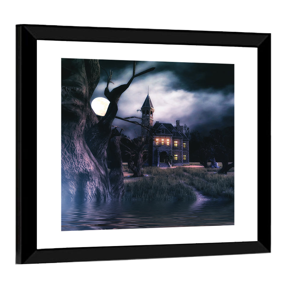Moonlit Haunted House Wall Art