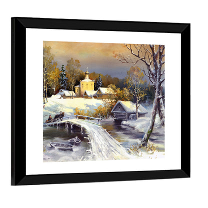 Snowy Village Bridge Wall Art