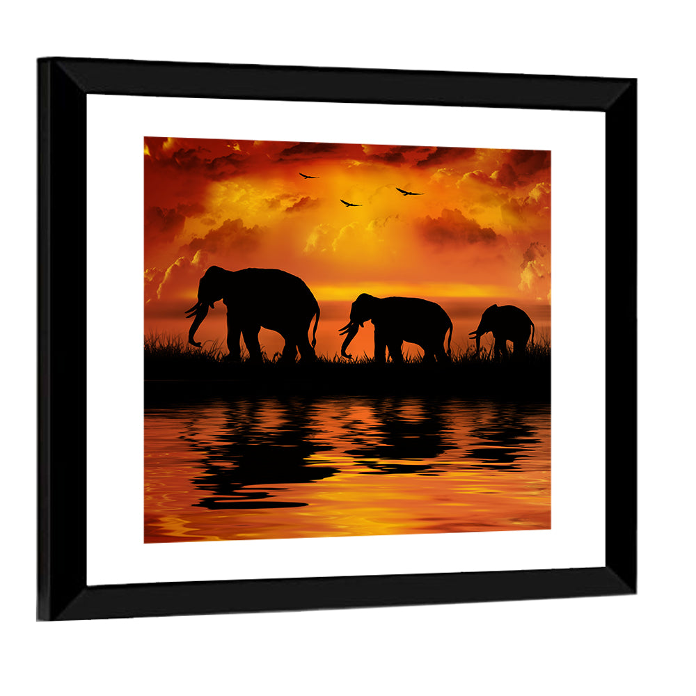 Elephants at Sunset Wall Art