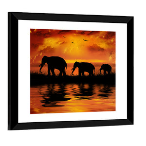 Elephants In Sunset Wall Art