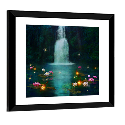 Moonlit Lotus Pond and Waterfall Wall Art