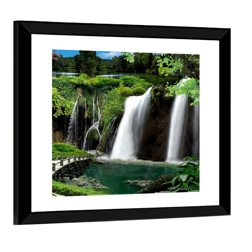 Wooden Bridge and Forest Waterfall Wall Art