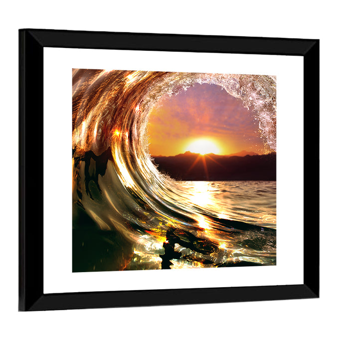 Ocean Wave Sunset Wall Art as a framed print